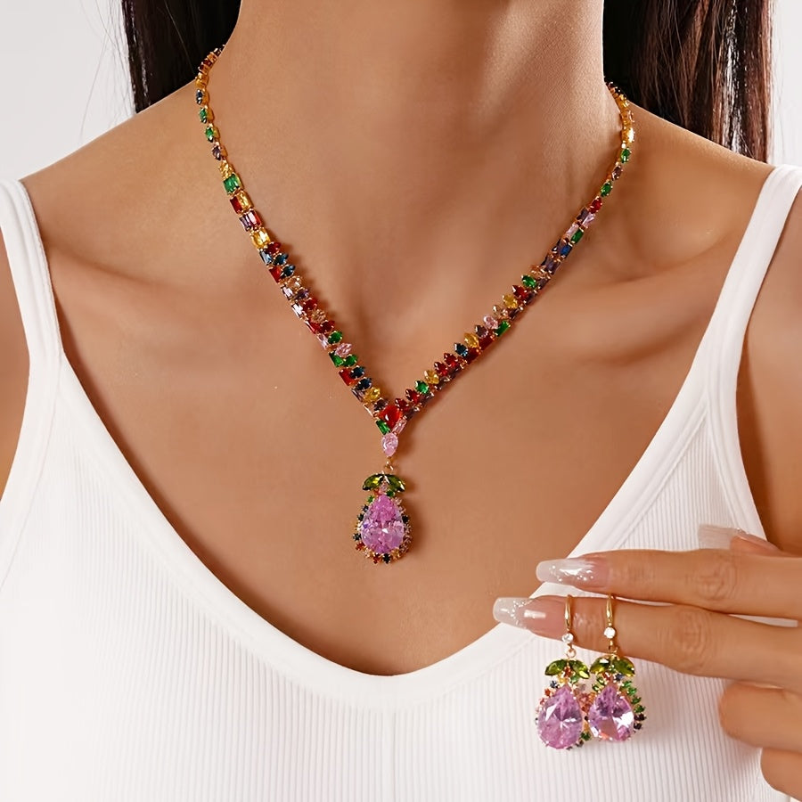 Quothex | Set aus Halskette und Ohrringen mit elegantem, mehrfarbigem Tropfen-Design