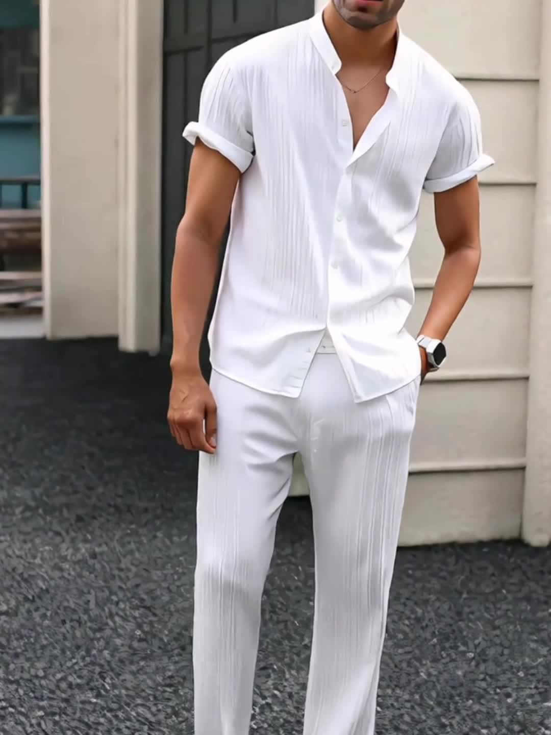 Kavaroq | Sommeranzug für Herren mit Mao-Kragenhemd und Hose mit Kordelzug