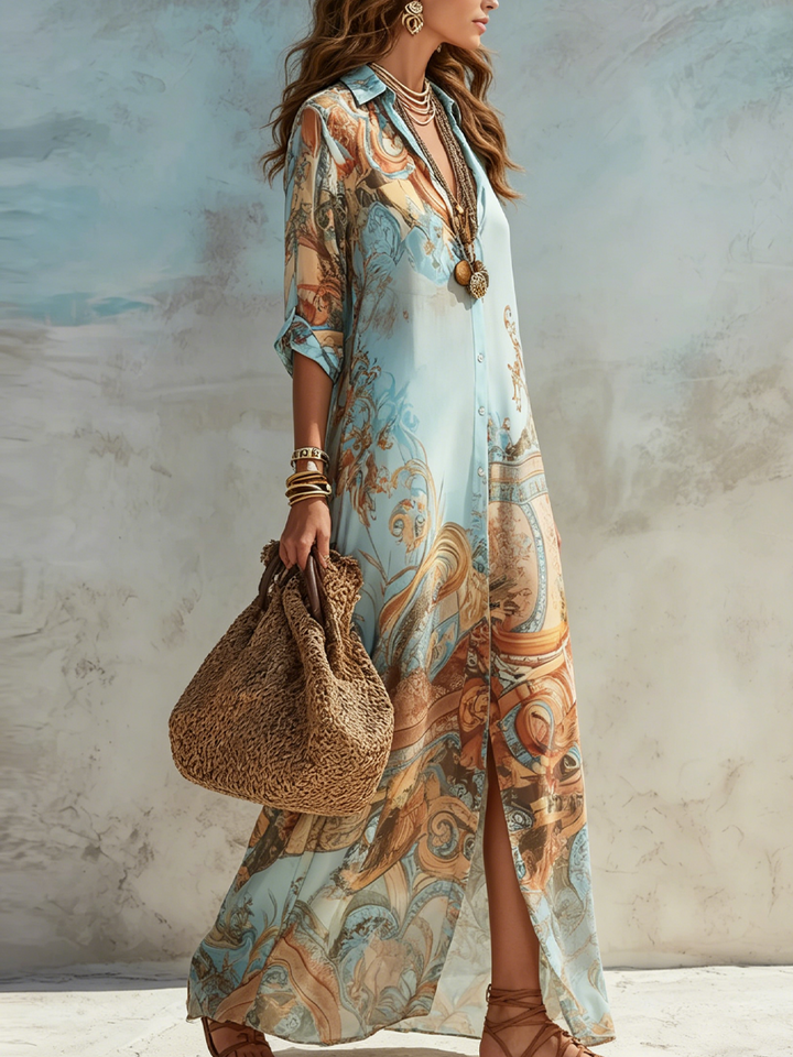 Bellune | Maxikleid aus blauer Chiffon im barocken Stil mit Blumen