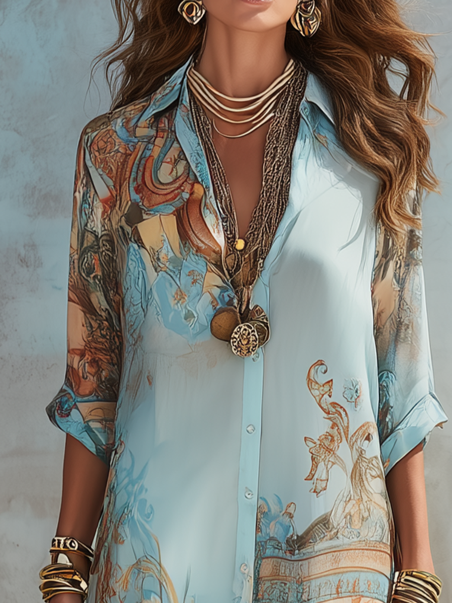 Bellune | Maxikleid aus blauer Chiffon im barocken Stil mit Blumen