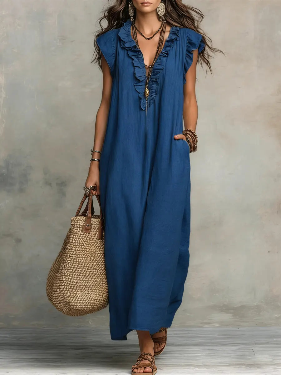Hadira | Freizeitkleid aus Baumwolle und Leinen mit Rüschen und künstlerischem Stil