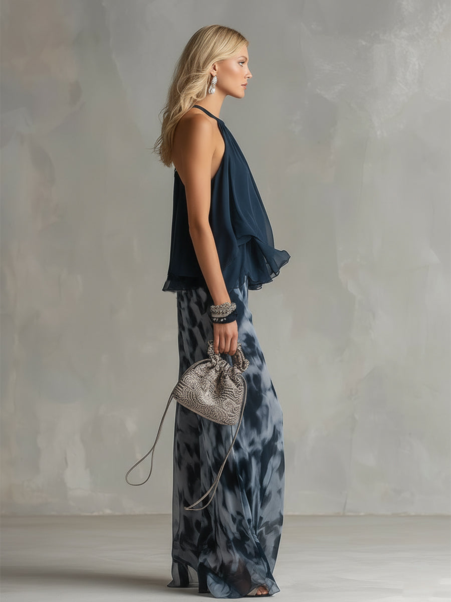 Isolde | elegantes Chiffon-Set mit hochgeschlossenem Oberteil und weit geschnittenen gemusterten Hosen