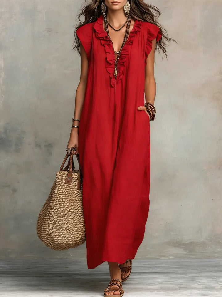Hadira | Freizeitkleid aus Baumwolle und Leinen mit Rüschen und künstlerischem Stil