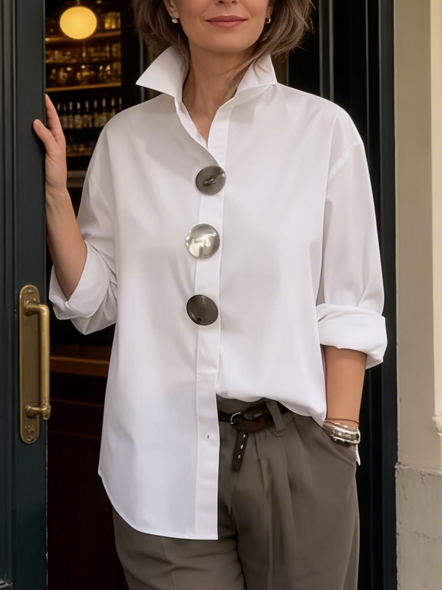 Davinae | Elegante Bluse aus Baumwolle und Leinen mit Kragen und metallischen Knöpfen