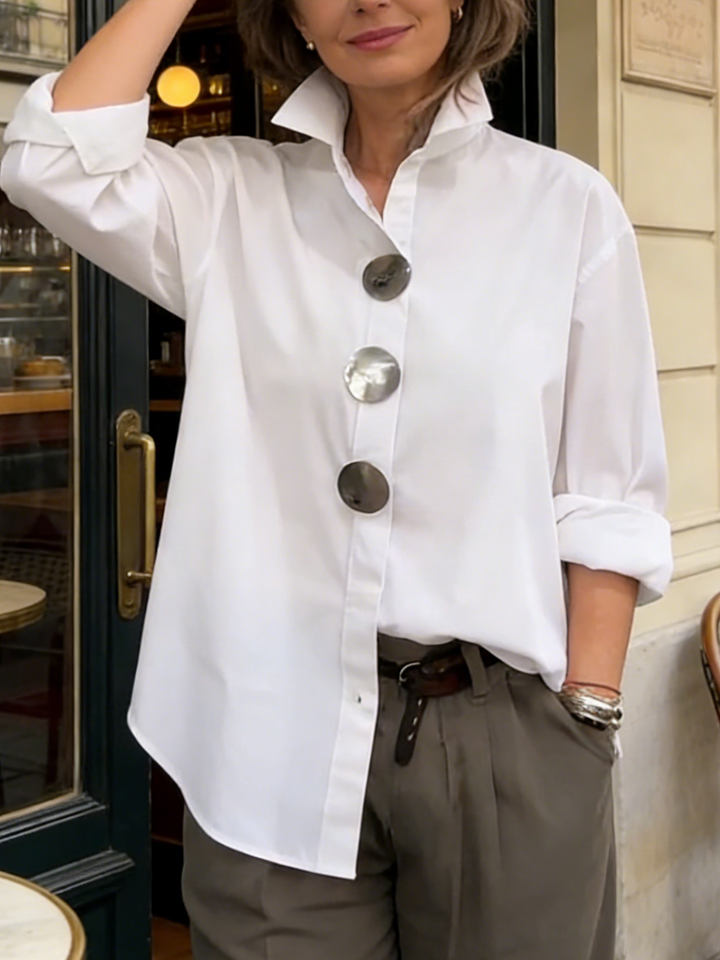 Davinae | Elegante Bluse aus Baumwolle und Leinen mit Kragen und metallischen Knöpfen