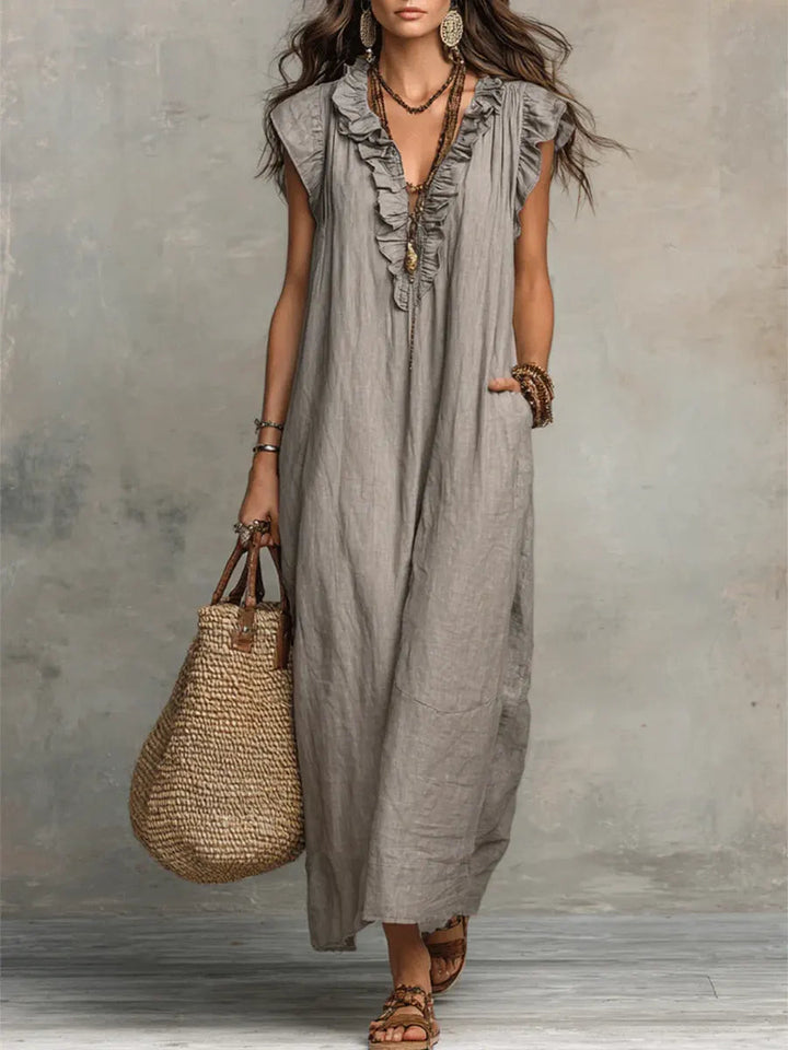 Hadira | Freizeitkleid aus Baumwolle und Leinen mit Rüschen und künstlerischem Stil