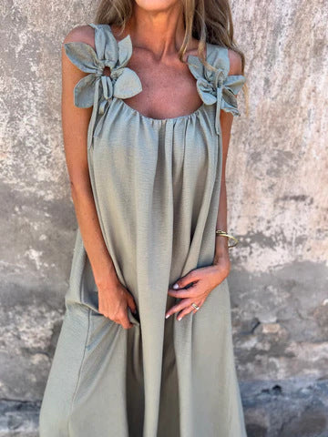 Carune | Damenkleid in einfarbig mit floralem Muster und U-Ausschnitt