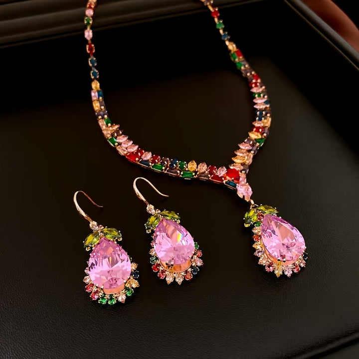 Quothex | Set aus Halskette und Ohrringen mit elegantem, mehrfarbigem Tropfen-Design