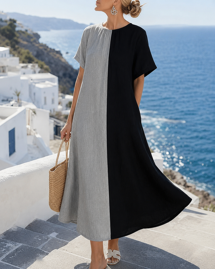 Amory | Langes, lässiges Kleid mit Rundhalsausschnitt und kontrastierender Farbe