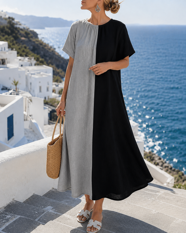 Amory | Langes, lässiges Kleid mit Rundhalsausschnitt und kontrastierender Farbe