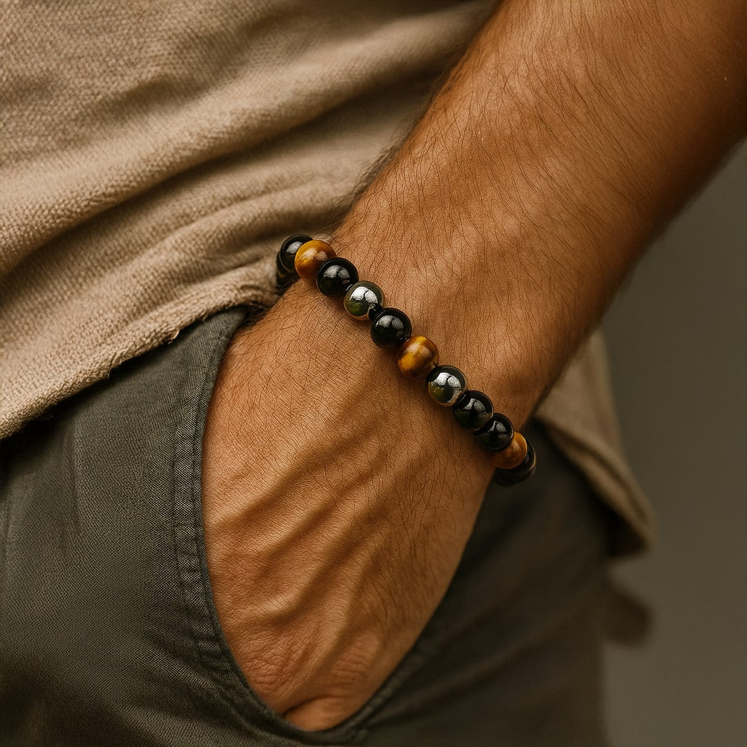 Caryra | Armband "3 Schutz" aus Tigerauge, Hämatit und schwarzem Obsidian