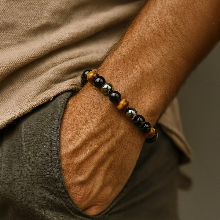 Caryra | Armband "3 Schutz" aus Tigerauge, Hämatit und schwarzem Obsidian
