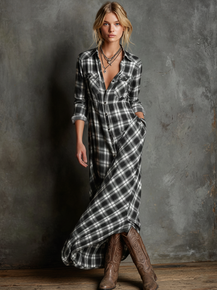 Blayra | Maxikleid aus Karohemd mit Revers für Frauen