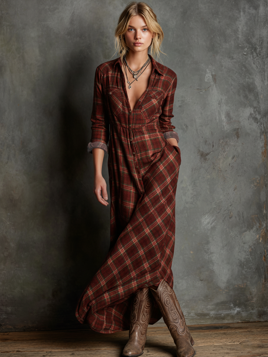 Blayra | Maxikleid aus Karohemd mit Revers für Frauen