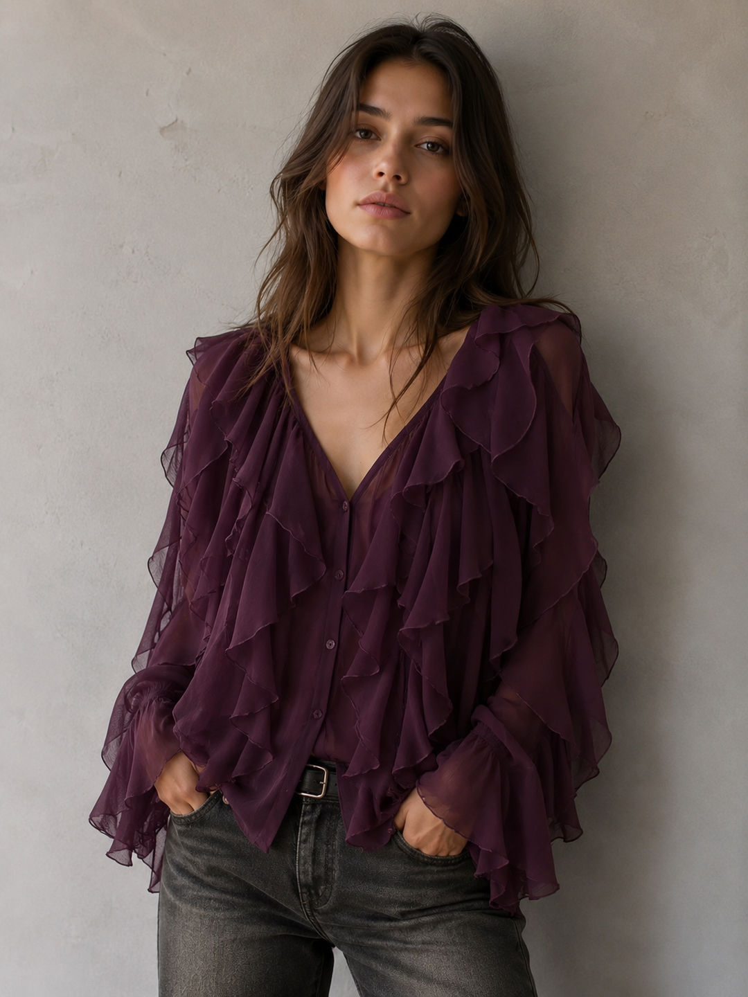 Hensira | Bohemische Lila Bluse mit Rüschen
