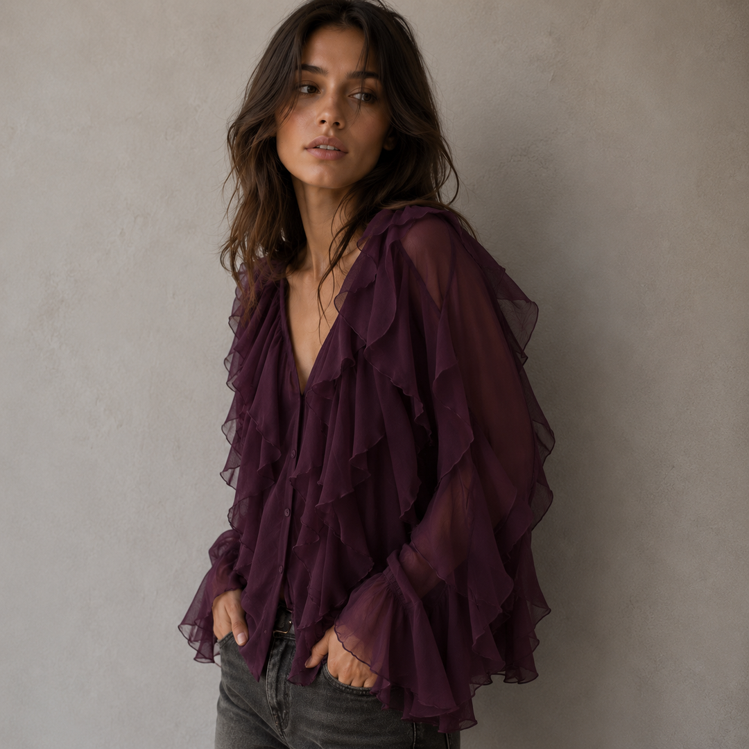 Hensira | Bohemische Lila Bluse mit Rüschen
