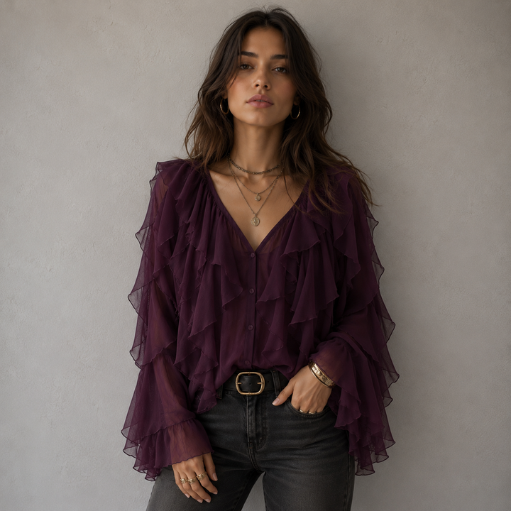 Hensira | Bohemische Lila Bluse mit Rüschen