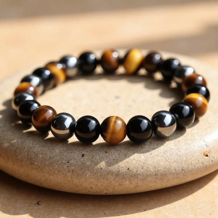 Caryra | Armband "3 Schutz" aus Tigerauge, Hämatit und schwarzem Obsidian