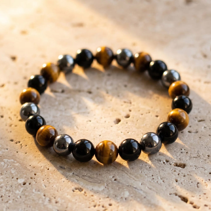 Caryra | Armband "3 Schutz" aus Tigerauge, Hämatit und schwarzem Obsidian