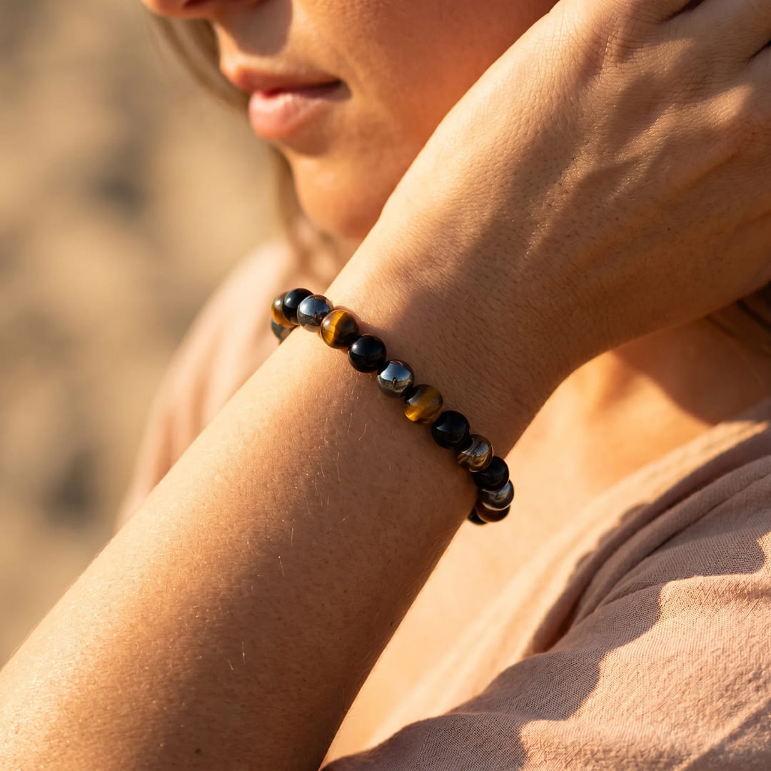 Caryra | Armband "3 Schutz" aus Tigerauge, Hämatit und schwarzem Obsidian