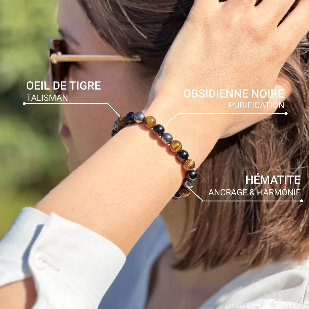 Caryra | Armband "3 Schutz" aus Tigerauge, Hämatit und schwarzem Obsidian