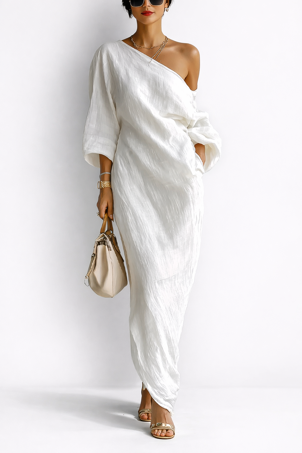 Linoretta | Asymmetrisches Ein-Schulter Elfenbein-Maxikleid