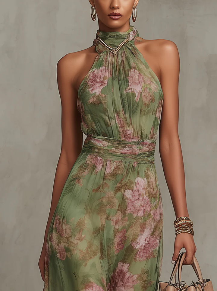Aria | Langes Floral-Halterkleid aus Chiffon in Grün