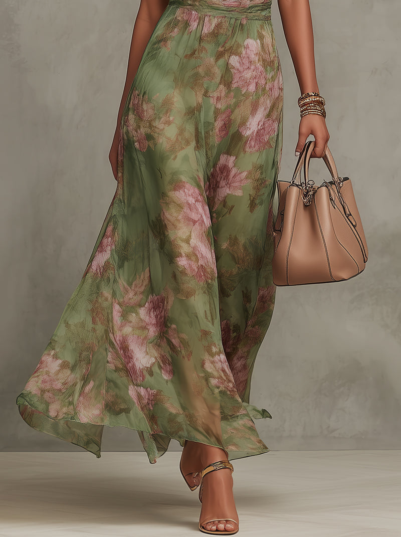 Aria | Langes Floral-Halterkleid aus Chiffon in Grün