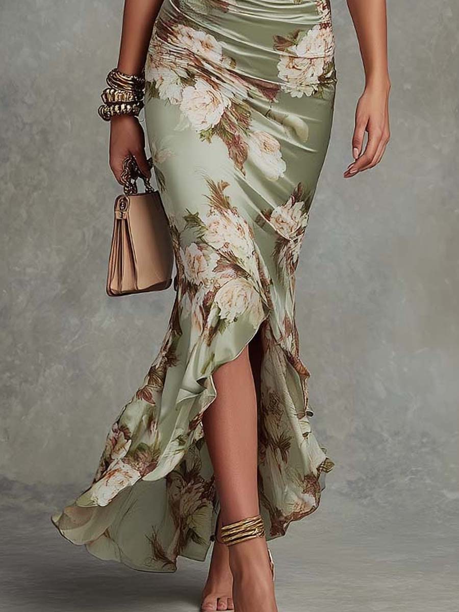 Virae | Midi-Kleid aus Satin mit floralem Muster und V-Ausschnitt