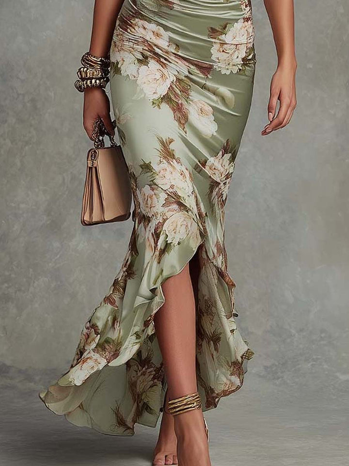 Virae | Midi-Kleid aus Satin mit floralem Muster und V-Ausschnitt