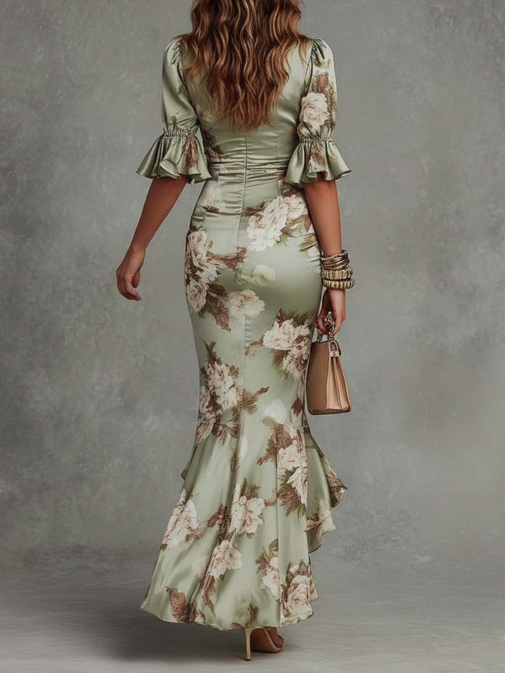 Virae | Midi-Kleid aus Satin mit floralem Muster und V-Ausschnitt