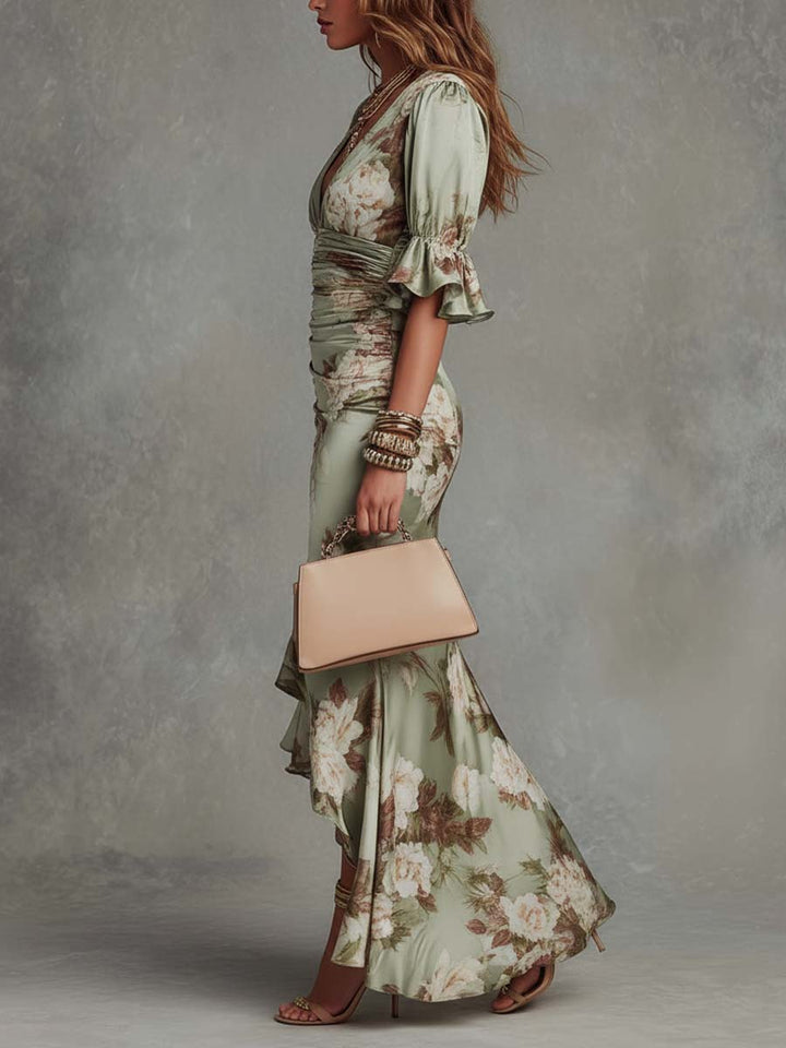 Virae | Midi-Kleid aus Satin mit floralem Muster und V-Ausschnitt