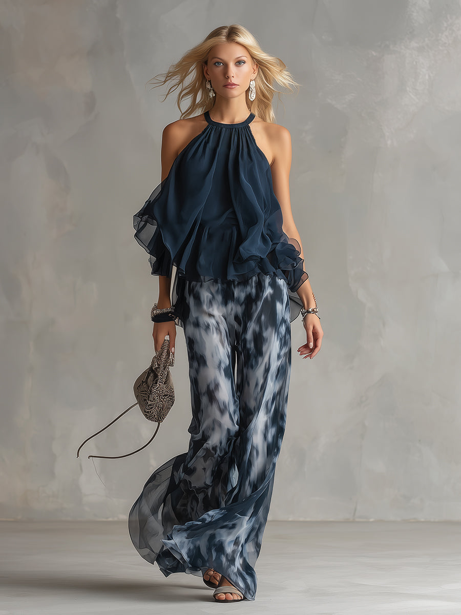 Isolde | elegantes Chiffon-Set mit hochgeschlossenem Oberteil und weit geschnittenen gemusterten Hosen