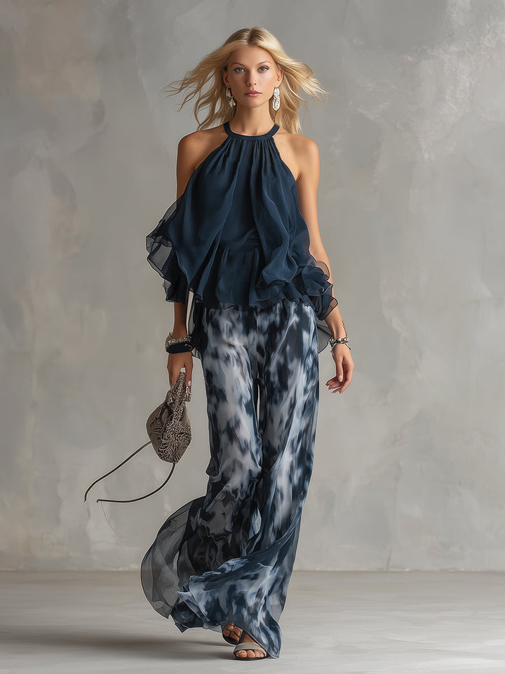 Isolde | elegantes Chiffon-Set mit hochgeschlossenem Oberteil und weit geschnittenen gemusterten Hosen