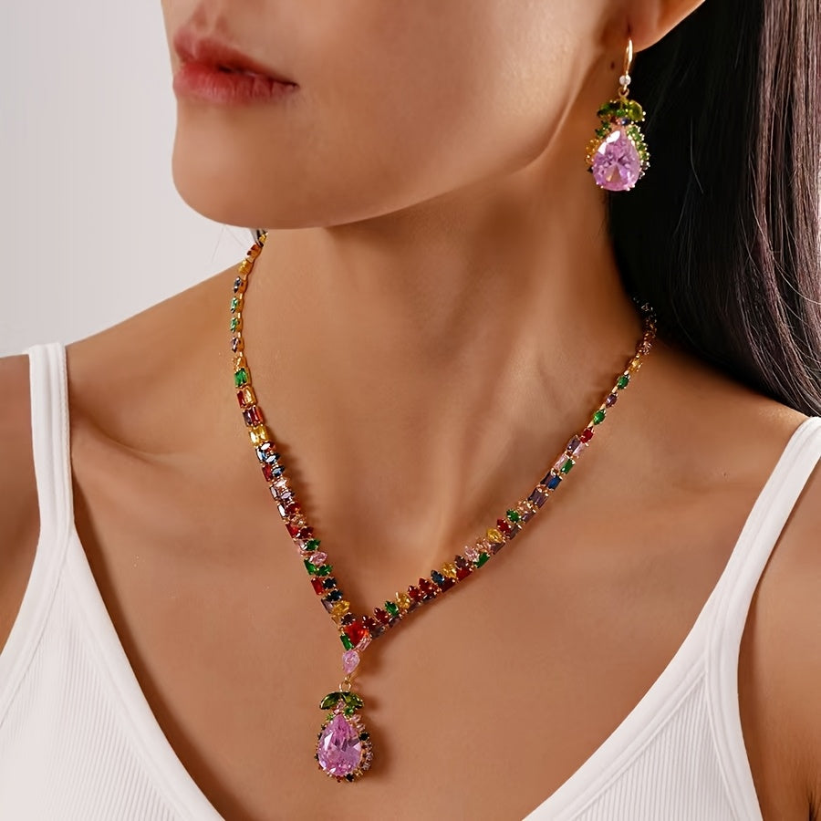 Quothex | Set aus Halskette und Ohrringen mit elegantem, mehrfarbigem Tropfen-Design