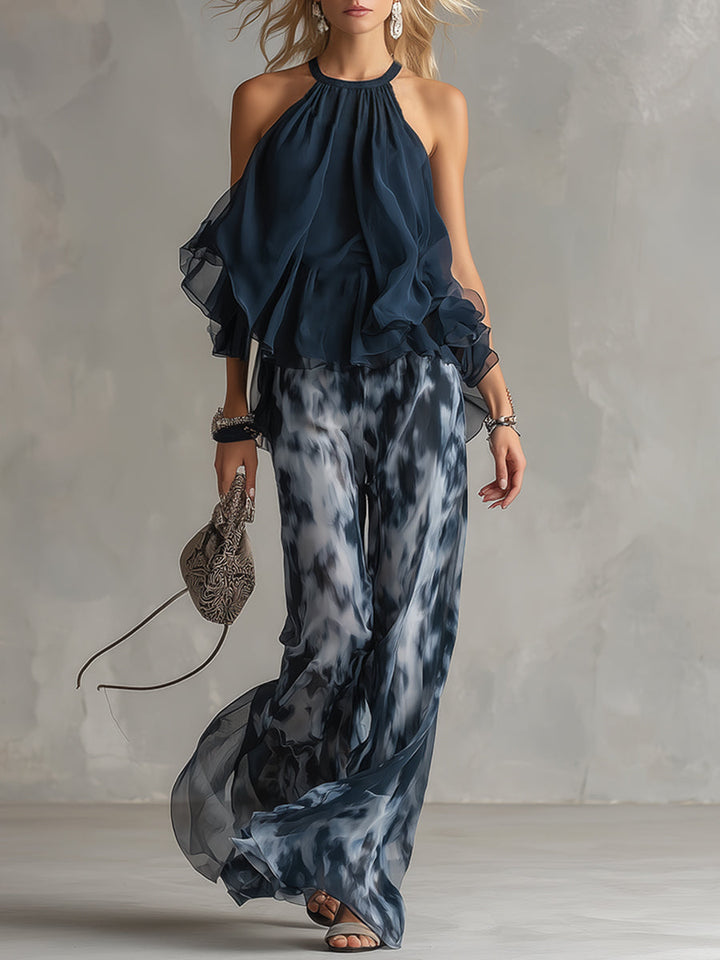 Isolde | elegantes Chiffon-Set mit hochgeschlossenem Oberteil und weit geschnittenen gemusterten Hosen