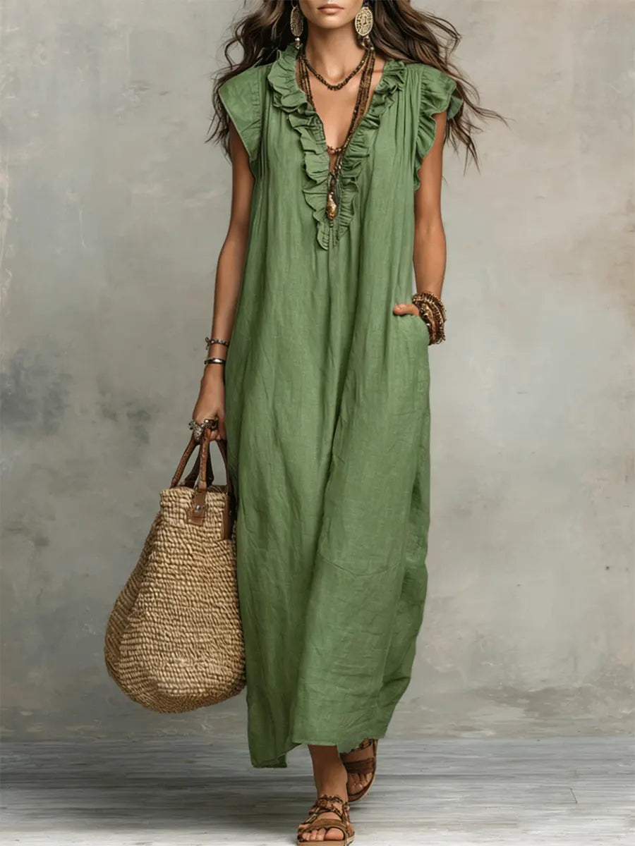 Hadira | Freizeitkleid aus Baumwolle und Leinen mit Rüschen und künstlerischem Stil