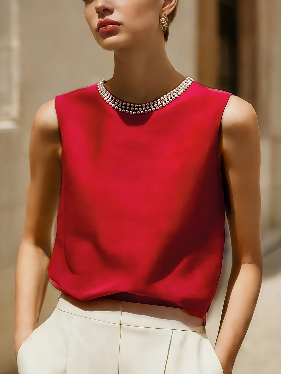 Sythove | Ärmellose Bluse mit dekorativen Perlen und elegantem Stil