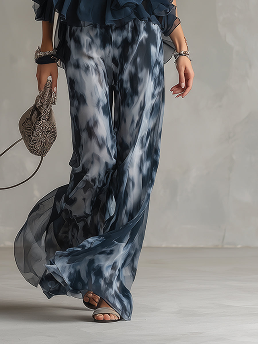 Isolde | elegantes Chiffon-Set mit hochgeschlossenem Oberteil und weit geschnittenen gemusterten Hosen