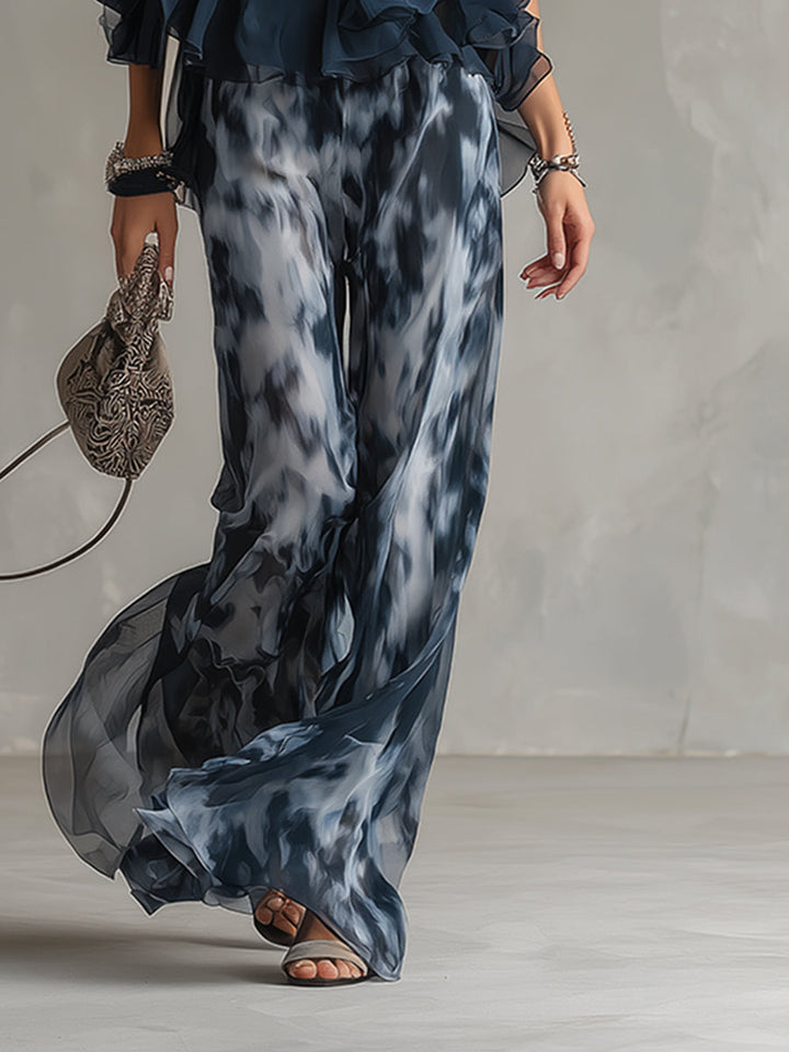 Isolde | elegantes Chiffon-Set mit hochgeschlossenem Oberteil und weit geschnittenen gemusterten Hosen