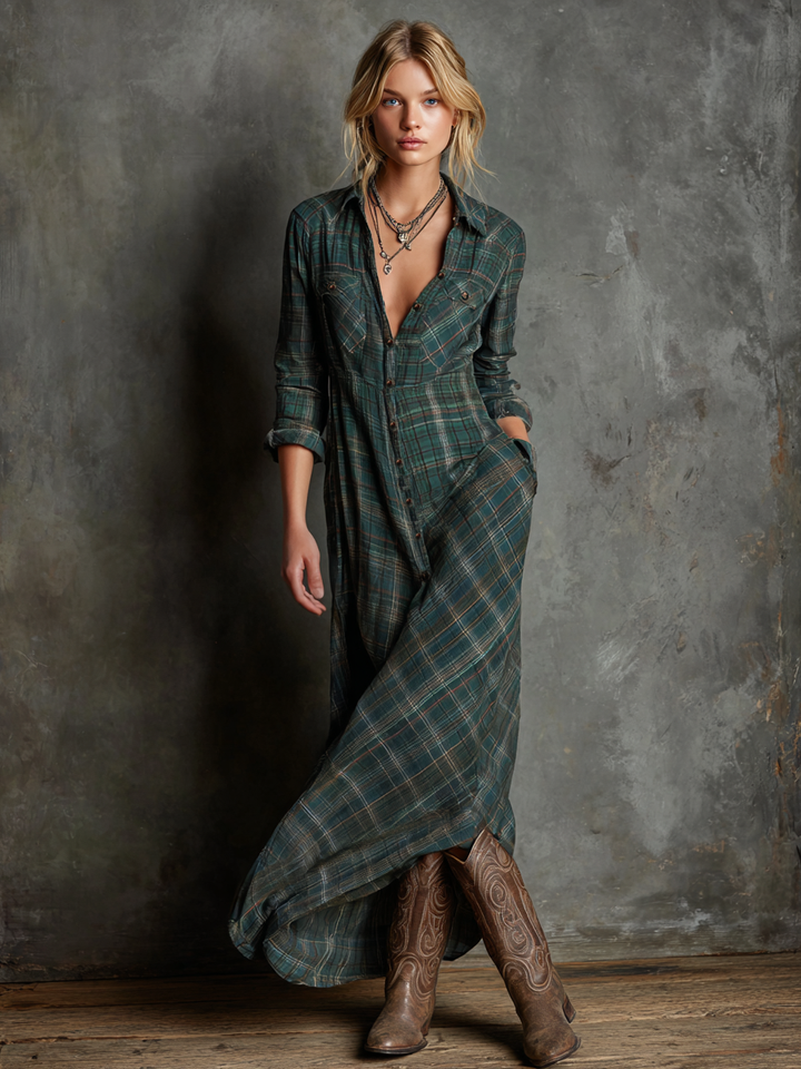 Blayra | Maxikleid aus Karohemd mit Revers für Frauen