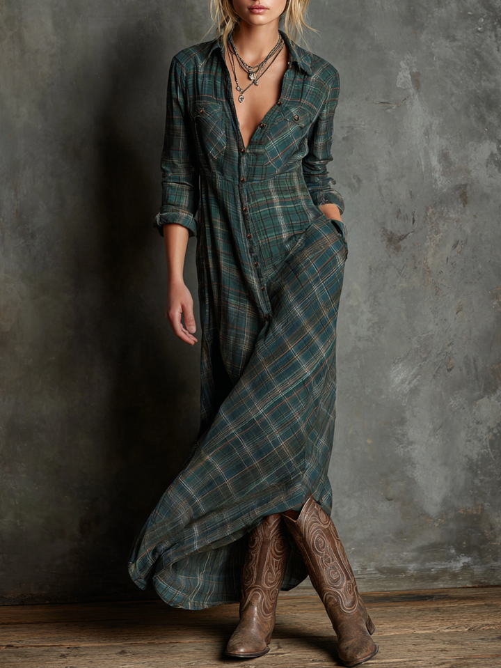 Blayra | Maxikleid aus Karohemd mit Revers für Frauen