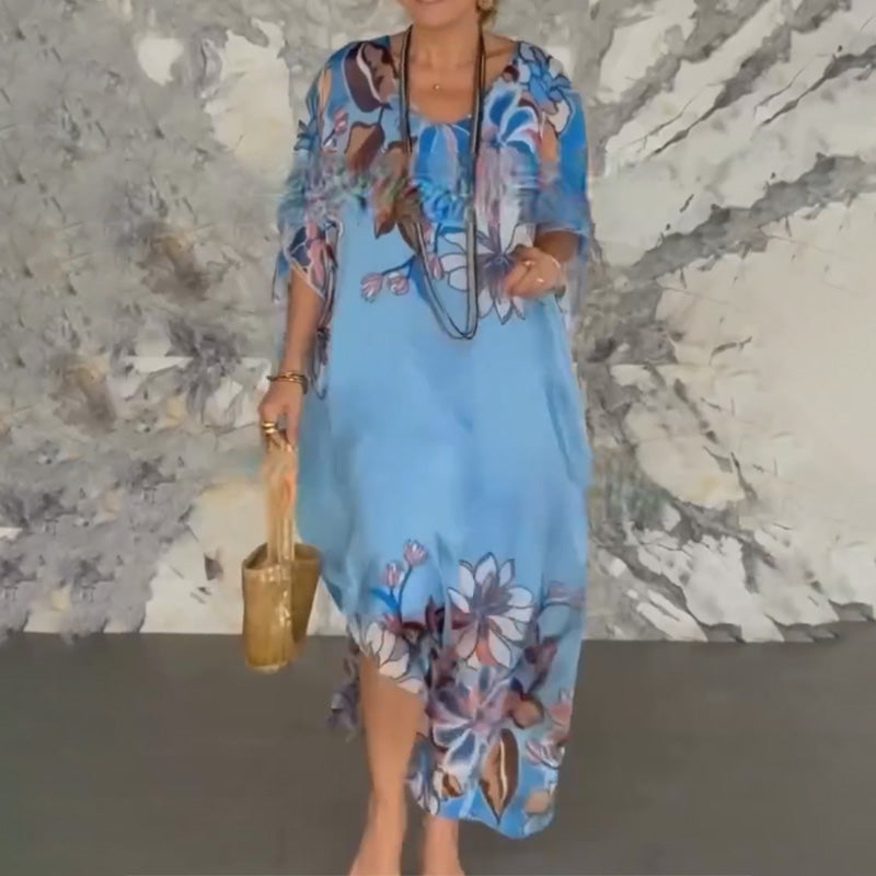 Ione | Elegantes langes Chiffonkleid mit Muster und V-Ausschnitt